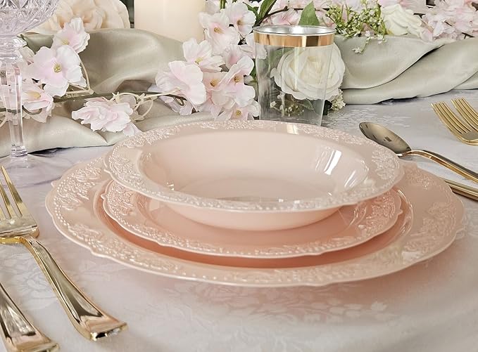 " OCCASIONS " 50 Plates Pack (25 Guests) Vintage Wedding Party Disposable Plastic Plate Set -25x10.25'' Dinner +25x7.5'' Salad/Dessert plates (Portofino in Blush/Antique Rose)