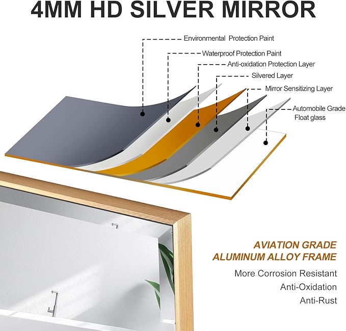 30x36 Inch Gold Mirror with Beveled Trim, Aluminum Frame Bathroom Vanity Mirror, Copper-Free Mirror, Rectangle Wall Mounted Mirror, Modern Rectangular Mirror Horizontal or Vertical