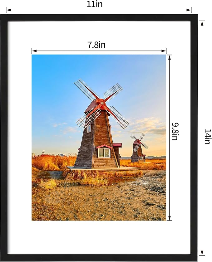 11x14 Metal Picture Frame Set of 2, 11 x 14 Aluminum Photo Frames with 8x10 Mat - Sawtooth Hangers, Spring Clips for Wall Mounting Horizontal and Vertical(Black)