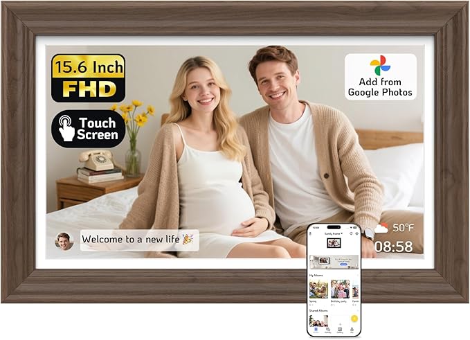 NexFoto Touchscreen Digital Picture Frame 15.6'', FHD WiFi Digital Photo Frame, 64GB Wood Electronic Picture Frame, Add Photos from Google Photos, Share Videos, for Mom, Birthday, Walnut