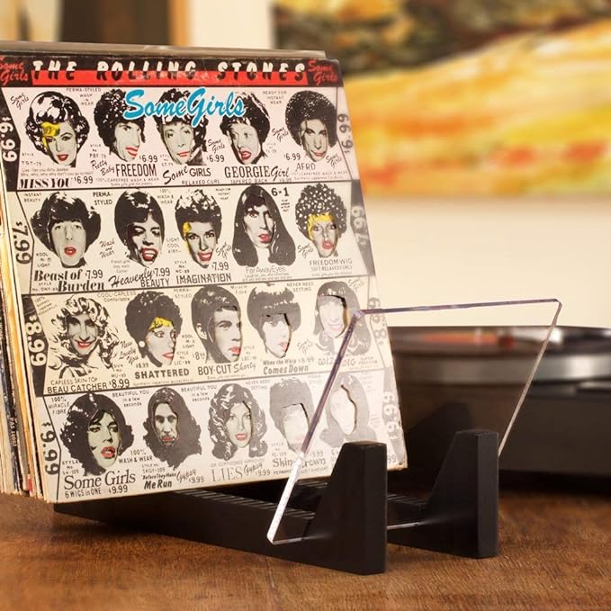 KAIU Vinyl Record Storage - Solid Wood with Crystal Clear Acrylic Holder - Premium Design, Perfect 12" LPs or 7" Singles Display Unit - Stores and Supports up to 50 Albums (Modern Black)