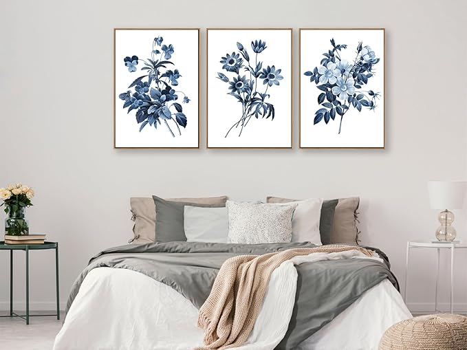 Large Framed Canvas Wall Art - Natural Float Framed Indigo Flowers Picturtes for Living Room Decor Retro Blue Floral Botanical Artwork Plants for Bedroom Kitchen Home Office Decor 60" X 28" Set of 3