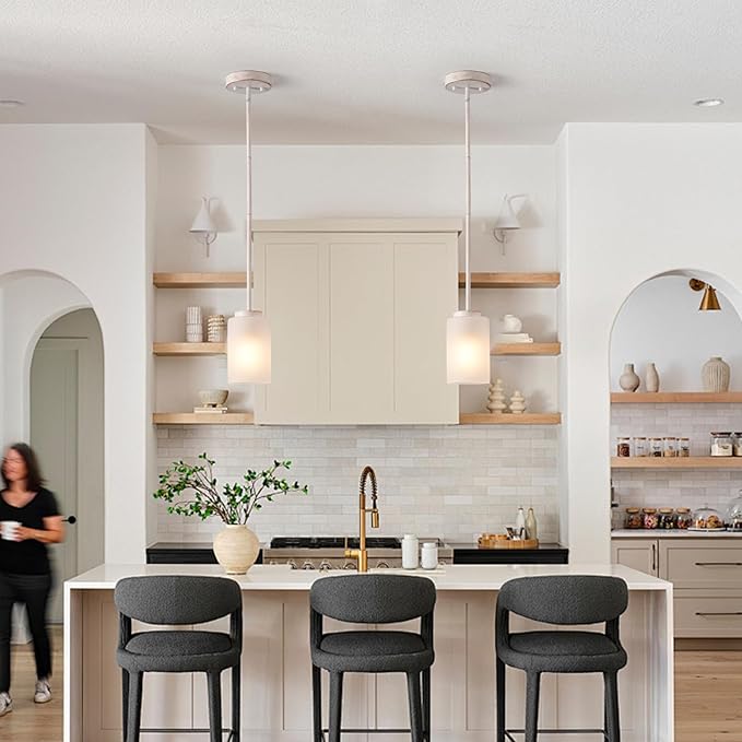 1-Light Mini Pendant Light Fixtures, Industrial Chandelier Hanging Ceiling Lights with Opal White Glass, Adjustable Height, White Brush Gold Pendant Lamp, 2 Pack