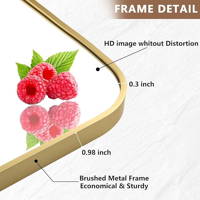 Brushed Gold Mirror, 20"x28" Rectangle Bathroom Mirror, Metal Frame Rectangle Corner Vanity Mirror, Wall Mounted Mirror for Modern, Living Room, Bedroom, Horizontal Or Vertical