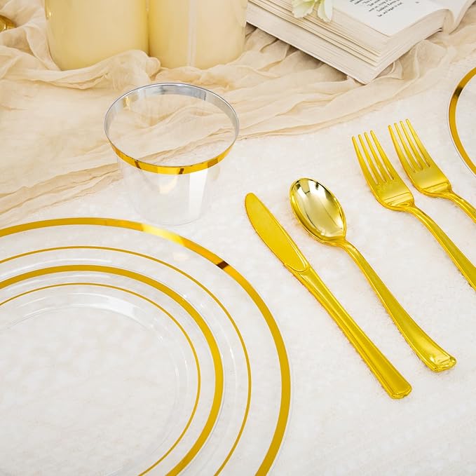 150 PCS Clear Gold Disposable Dinnerware Set for 25 Guests, Clear and Gold Plastic Plates for Party, 25 Dinner Plates, 25 Salad Plates, 25 Cups, 25 Spoons Forks Knives for Wedding and Party Supplies