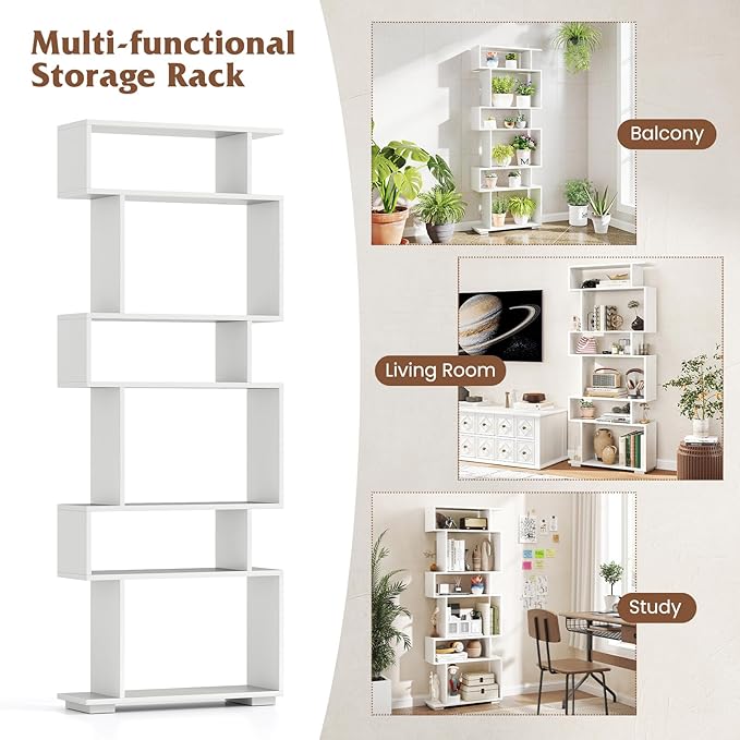 Tangkula 6-Tier S-Shaped Bookshelf, 64" Freestanding Geometric Bookcase, Home Office Wood Storage Shelf with Anti-Toppling Device, Room Divider Display Rack for Study, Living Room (2, White)