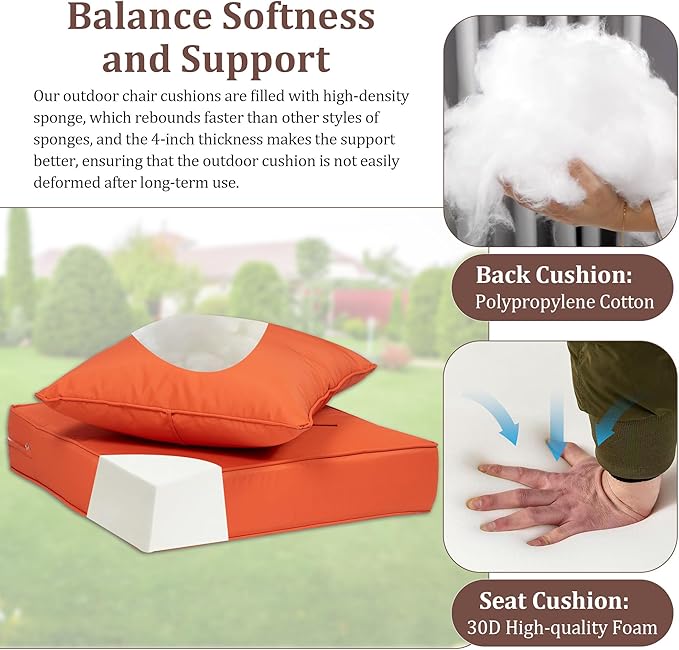 Waterproof Outdoor Chair Cushion Set of 4, 24x24x5 IN Deep Seat Patio Cushions with Fade Resistant Removable Cover,Outdoor Cushions for Patio Furniture with Ties&Handle for Chair Sofa Couch,Orange