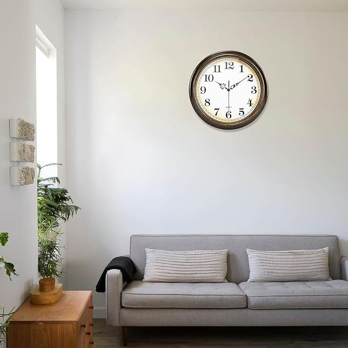 Wall Clock Battery Operated Silent Non-Ticking Vintage Wall Clocks for Kitchen, School, Living Room (12Inch, Bronze)