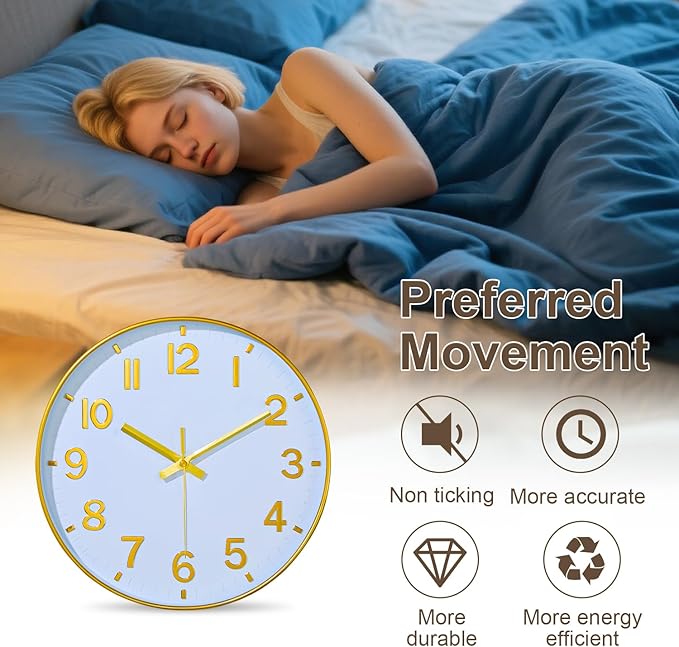 Modern Wall Clock, 10 Inch Digital Wall Clocks Battery Operated, Round Non Ticking Silent Analog Clock for Bedroom Living Room Kitchen Office Gym Classroom Decor, Gold Battery Clock