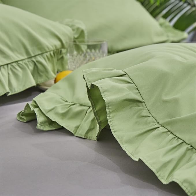 CLOTHKNOW Green Ruffles Queen Comforter Set Farmhouse Bedding Comforter Sets Soft Light Green Comforter with 2 x Pillow Cases