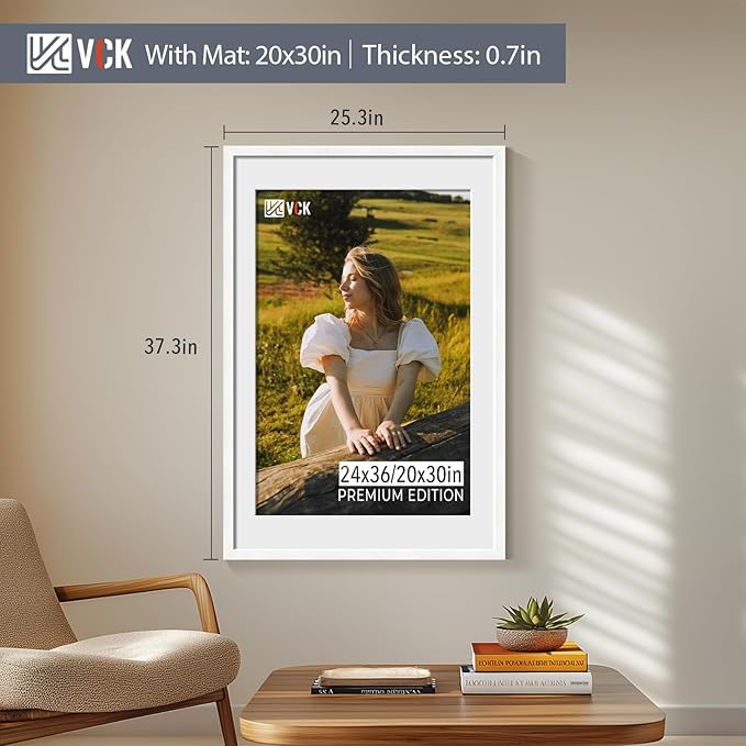 VCK 24x36 Poster Frame 5 Pack - with Mat 20x30, White Solid Wood Picture Frame with Textured Exclusive, Horizontal and Vertical Formats with Included Hanging Hardware