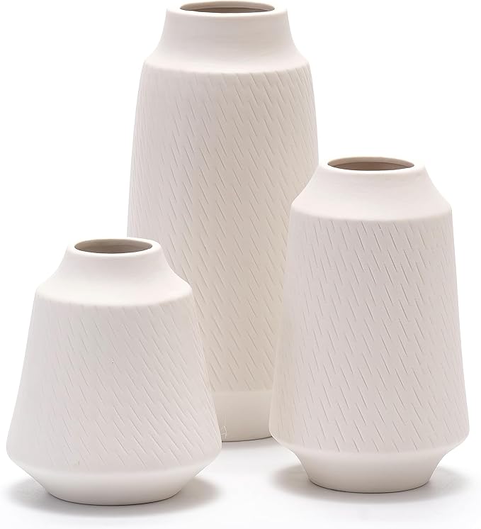 Ceramic Vase Set of 3, Modern Multicolor Pattern Flower Vases for Home Decor, Office, Centerpieces, Boho Farmhouse Style (White)