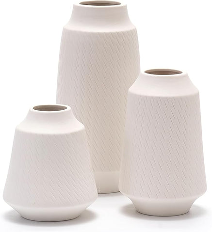 Ceramic Vase Set of 3, Modern Multicolor Pattern Flower Vases for Home Decor, Office, Centerpieces, Boho Farmhouse Style (White)