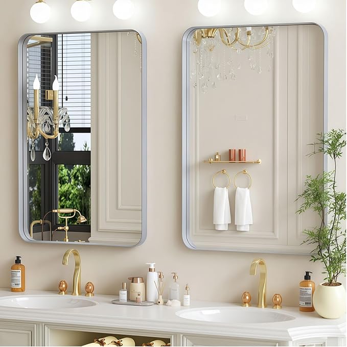 22×30 Silver Bathroom Vanity Mirror for Over Sink - Rectangle Framed Mirrors for Wall with Tempered Glass & Rounded Corners for Bedroom, Living Room, Horizontal/Vertical, Modern Farmhouse