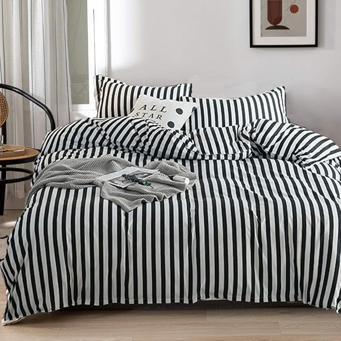 Luxlovery Black and White Comforter Set Queen Men Women Striped Bedding Set Full Farmhouse Ticking Stripes Bedding Blanket Geometric Lines Modern Comforter Set with 2 Pillowcases