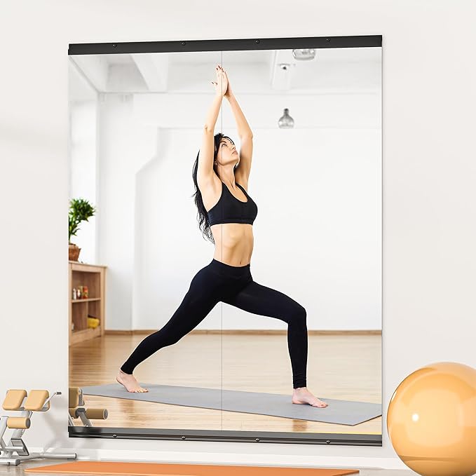 Hasipu 2 Pcs 55''x20'' Home Gym Mirror Large Full Length Wall Mounted Full Body Mirror for Yoga Dance Fitness Exercise Studio Bedroom Garage, Frameless Tempered Glass Workout Mirrors Black Rectangular