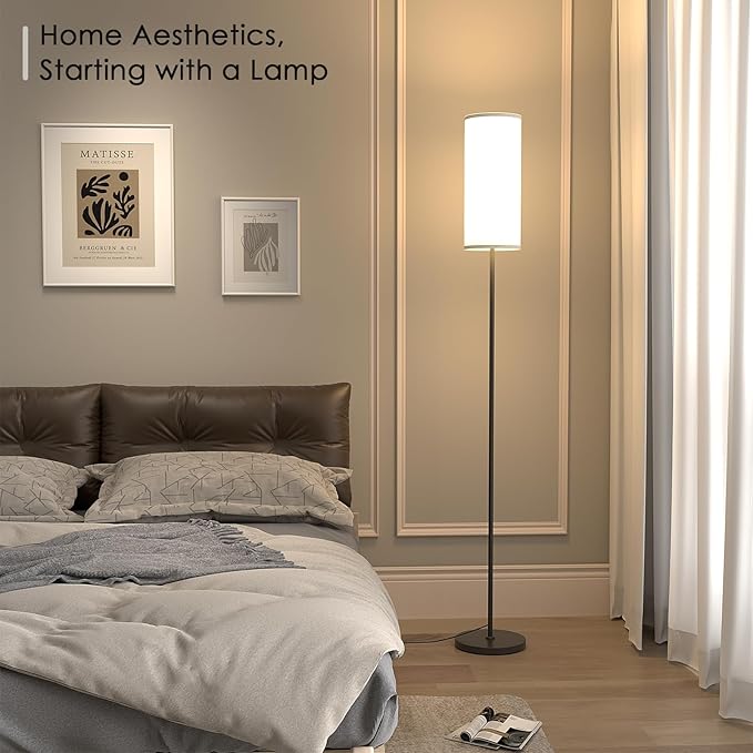Floor Lamp for Living Room, Modern Standing lamp with Remote Control, Stepless Dimmable 9W Bulb & Beige Lampshade Included, Black Pole Tall Floor Lamp for Bedroom Office