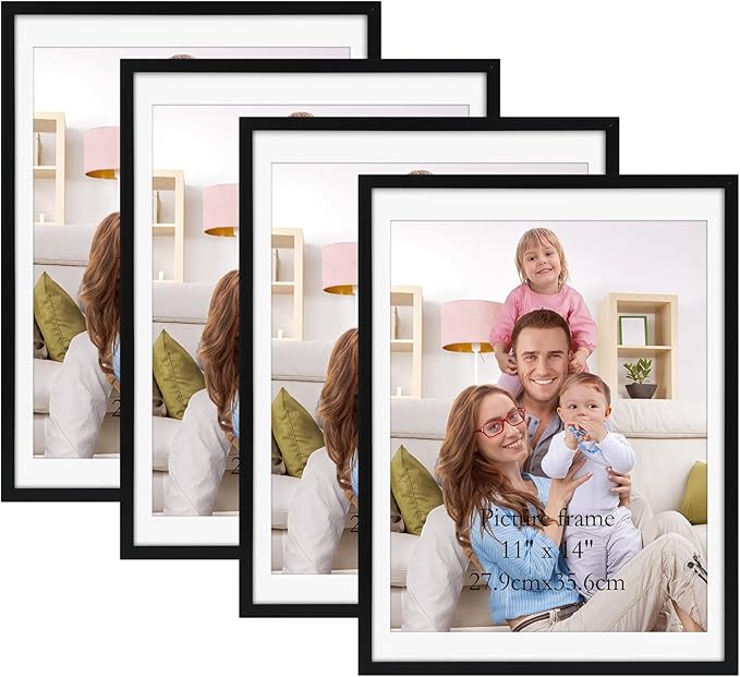 Giftgarden Black 12x16 Picture Frames Set of 4, Matted to 11x14 Picture with Mat or 16x12 Artwork Without Mat, Wall or Tabletop Display.