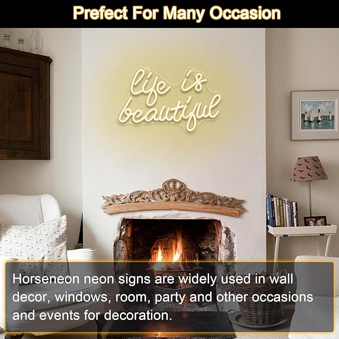 Horseneon Life is Beautiful Neon Signs for Wall Decor, Letter Neon Lights for Bedroom, Led Sign with USB Powered for Livingroom, Wall Hanging Decor, Windows (Warm White)