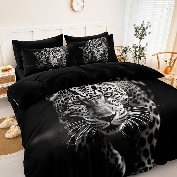 Wild Animal Comforter Set Leopard African Bedding Set Black and White Cheetah Leopard Printed Bedding Safari Animal Tropical King Comforter Set for All Season