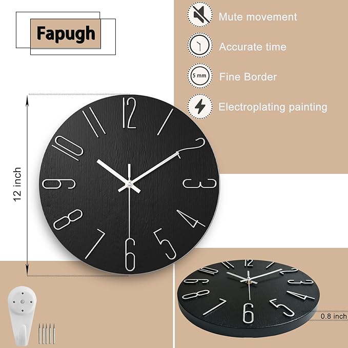 Faupugh Wall Clock Battery Powered 12 inch Silent Wall Clock, Exquisite Modern Style Decorative Clock, Suitable for Home, Office, School, Kitchen, Bedroom, Living Room (Black)