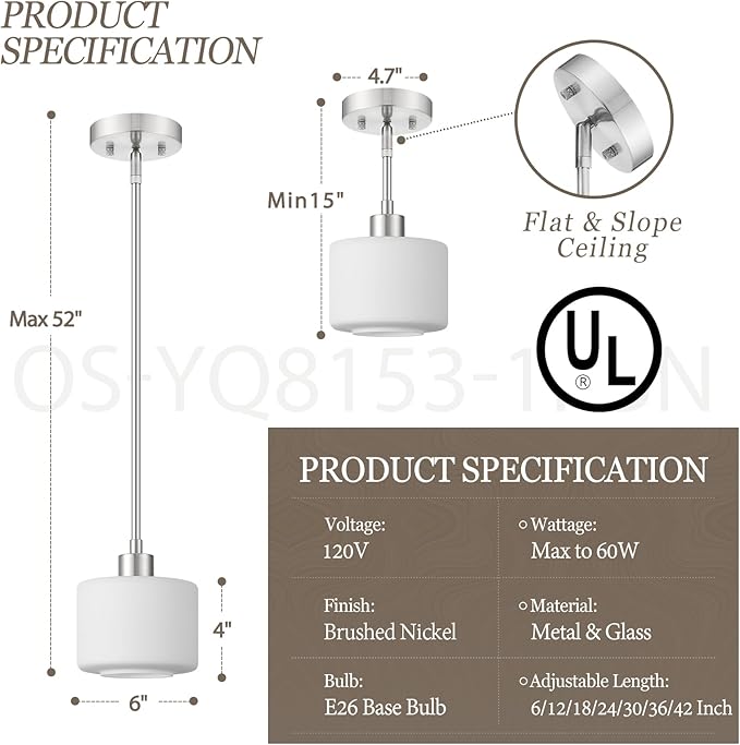Brushed Nickel Pendant Lights Kitchen Island, 1-Light Modern Milk Glass Hanging Light Fixtures with Rods, Mini Kitchen Pendant Lighting Over Island for Sink Bathroom, OS-YQ8153-1PBN