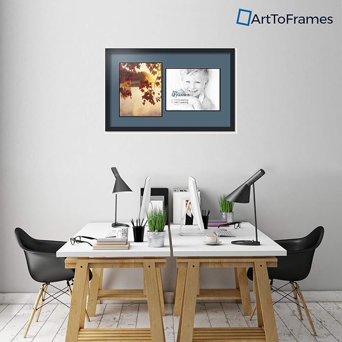 ArtToFrames Collage Photo Frame Double Mat with 2-11x14 Openings with Satin Black Frame and Dutch Blue mat.