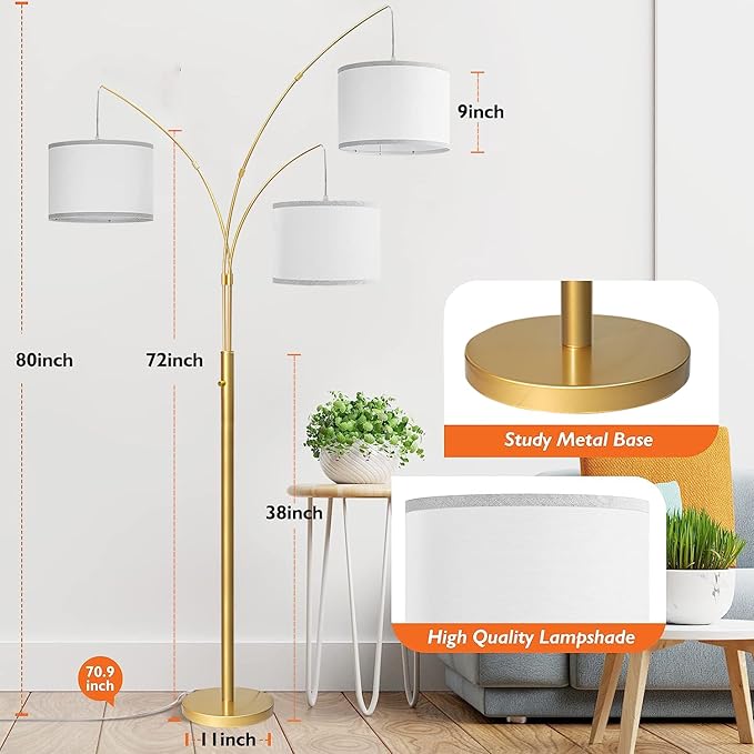 3 Lights Arc Floor Lamps for Living Room,Gold Modern Tall Standing Lamp Hanging Over The Couch with Shades & Heavy Base,Mid Century Black Tree Floor Lamp for Bedroom Office