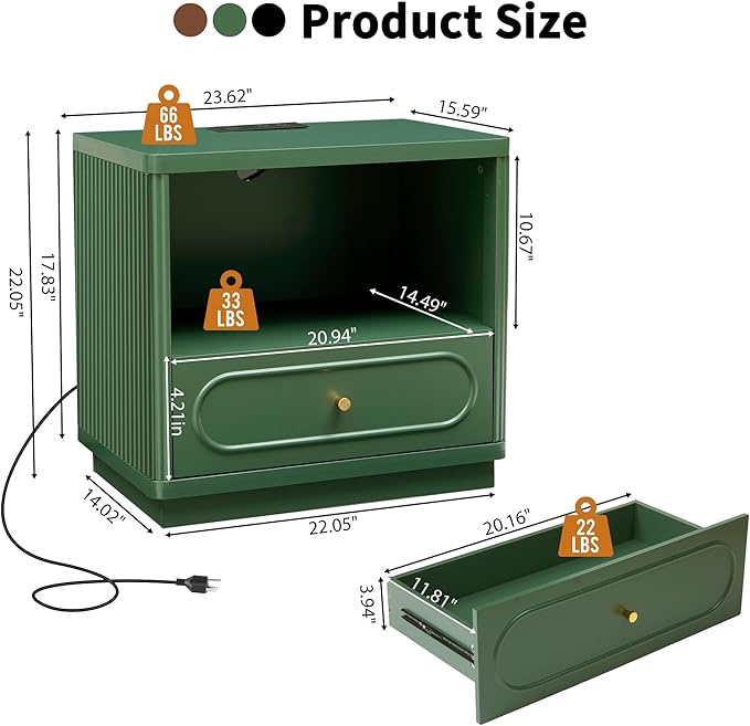 Fluted Nightstand with Charging Station Set of 2, Modern Wood Nightstand with Drawer Storage, Night Stand Bedside Table with Type-C and USB Ports, Night Stand for Bedroom, Green