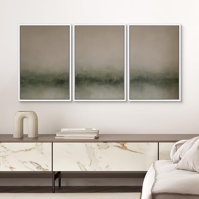 SIGNWIN Framed Wall Art Print Set Neutral Green Abstract Contemporary Misty Landscape Photography Modern Art Minimalist Closeup Dramatic for Living Room, Bedroom, Offic - 24"x36"x3 WHITE