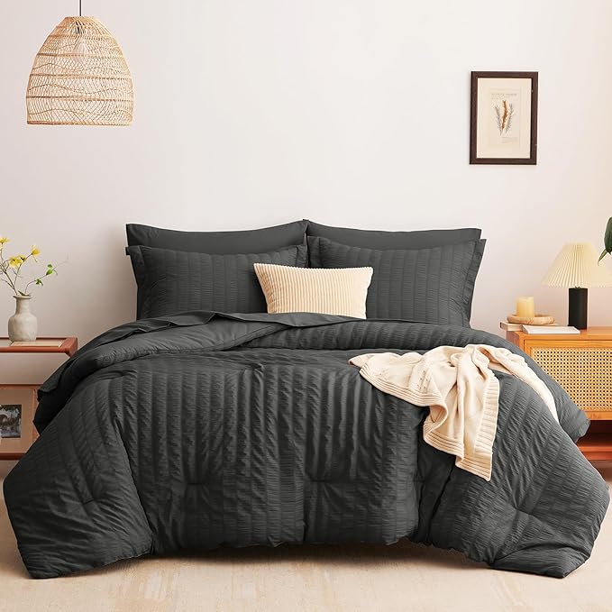 CozyLux Queen Comforter Set Dark Grey Seersucker 7 Pieces Bed in a Bag Queen Comforter Set with Sheets, Luxury Soft Bedding Set with Down Alternative Comforter, Sheets, Pillowcases & Shams All Seasons