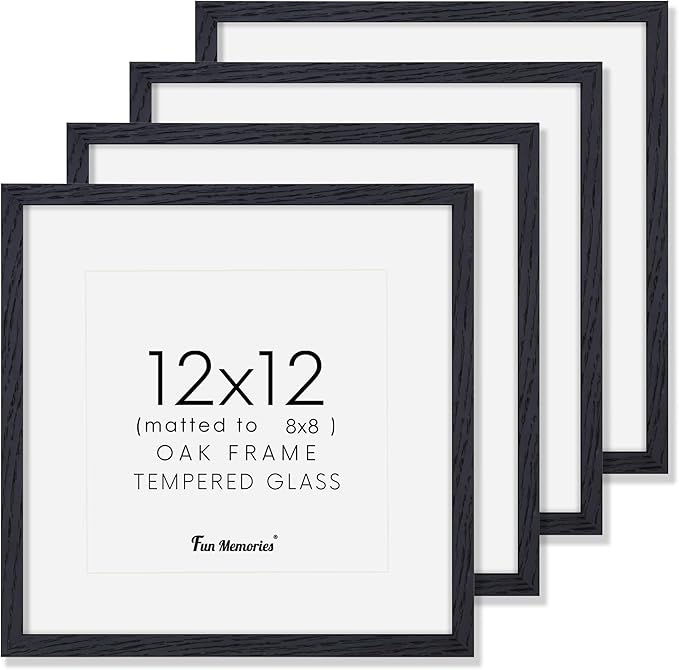 12x12 Picture Frames Set of 4, Black Wood Picture Frame 12 x 12, Oak Wood 12 by 12 Frames with Real Glass, Square 12 x 12 Photo Frames for Wall, 12x12 Frame with Mat for 8x8, Wall Gallery Frame Set