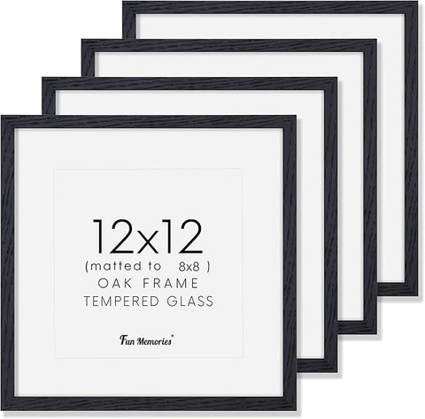 12x12 Picture Frames Set of 4, Black Wood Picture Frame 12 x 12, Oak Wood 12 by 12 Frames with Real Glass, Square 12 x 12 Photo Frames for Wall, 12x12 Frame with Mat for 8x8, Wall Gallery Frame Set