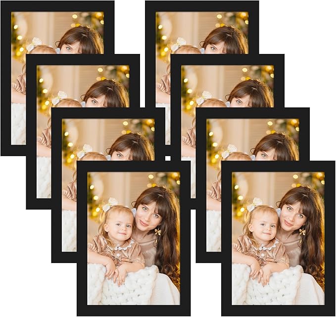 CRUGLA 5x7 Magnetic Picture Frames for Refrigerator 8 Packs, Modified Sheet With Self Adhesive Backing, Black Photo Frame Set for Glass Window Door Cubicle