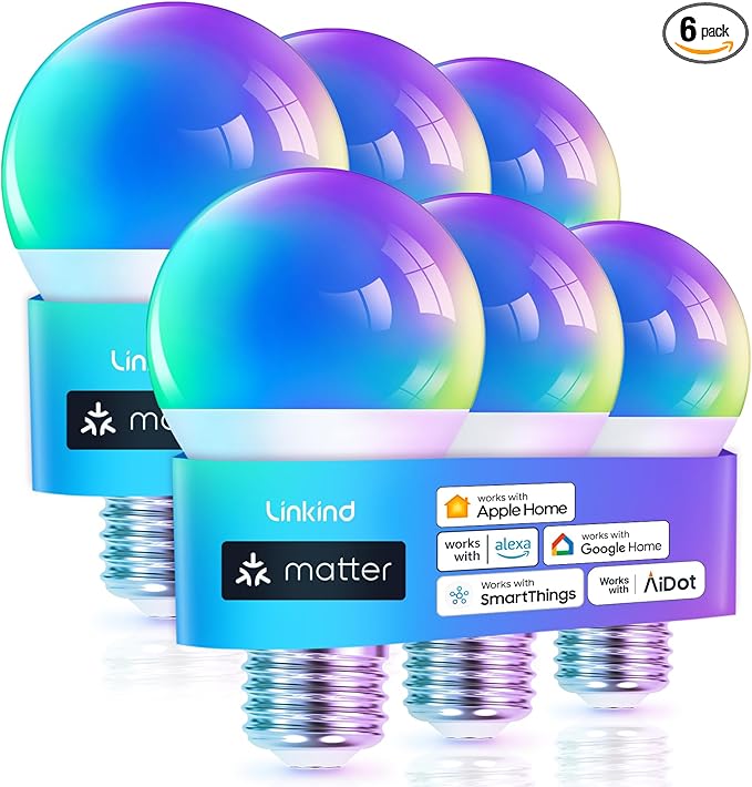 Linkind Matter Smart Light Bulb, WiFi Smart Bulbs, Work with Apple Home, Siri, Alexa, Google, SmartThings, RGTBW Color Changing Bulbs Mood Lighting, Music Sync, A19 E26 60W, 2.4Ghz WiFi 6 Pack