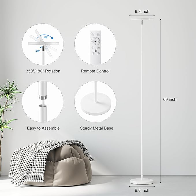 SUNMORY Floor Lamps for Living Room, 32W/3000LM Super Bright LED Floor Lamp with Remote Control, 69" Tall Standing Lamp with Stepless Dimmable, Modern Torchiere Corner Lamp for Bedroom, Office White