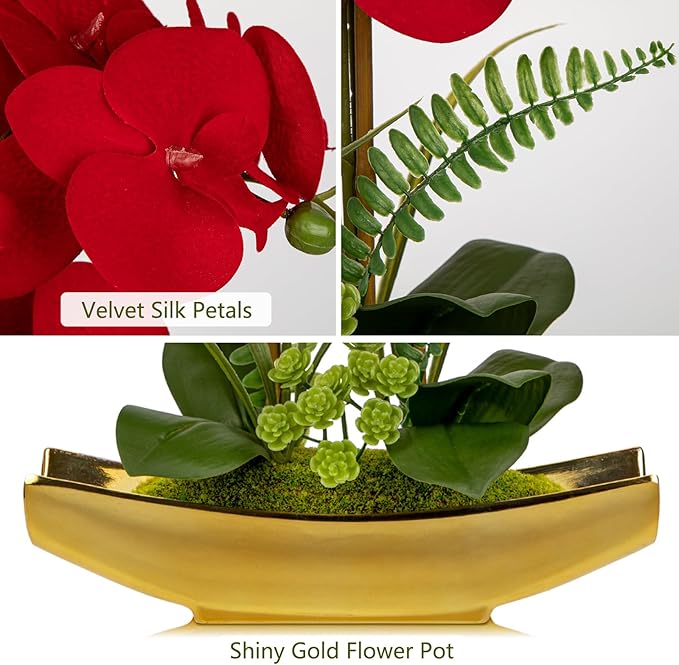 Briful Orchid Artificial Flowers 17" Silk Red Orchid Floral Arrangement with Gold Pot Real Touch Faux Orchid Plant for Home Office Room Kitchen Table Centerpiece Shelf Decor