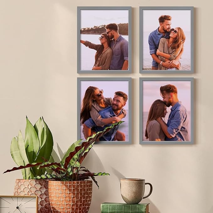 Renditions Gallery Set of 4, 8X10 Custom Photo Prints with Real Wood Picture Frames. Create Personalized Photos with Peel & Stick Photo Frames. Gray Frame