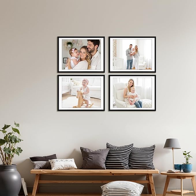 Giftgarden Black 12x16 Picture Frames Set of 4, Matted to 11x14 Picture with Mat or 16x12 Artwork Without Mat, Wall or Tabletop Display.