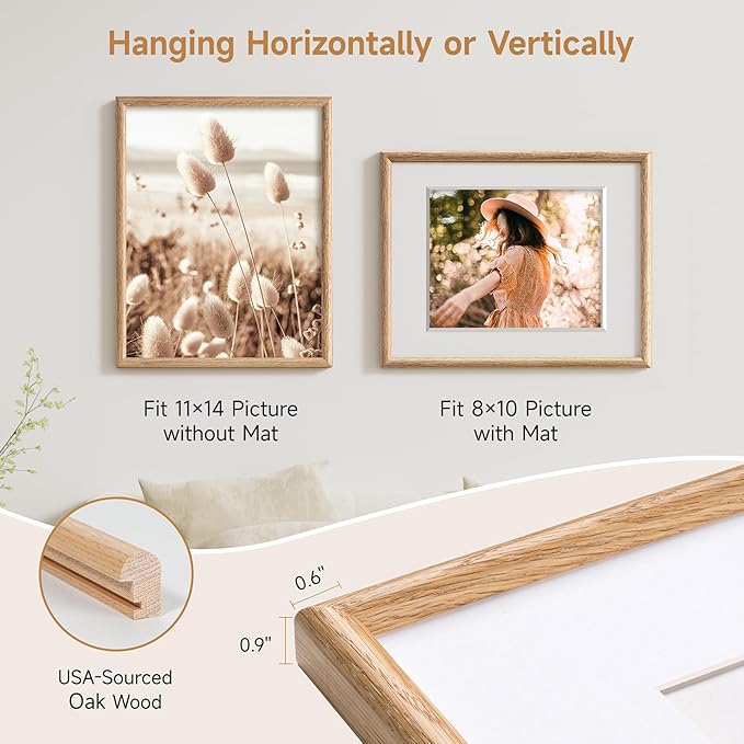 11x14 Picture Frame Set of 3 - Solid Oak Wood Picture Frames with HD Tempered Glass, Handcrafted Rounded Corner 11 x 14 Wooden Frame Matted to 8x10 Photos, Horizontal or Vertical Wall Display