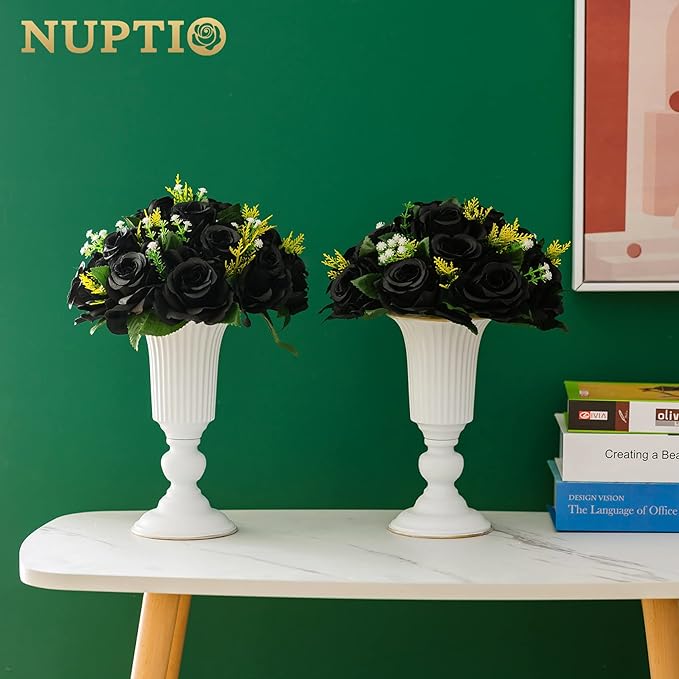 NUPTIO Black Roses Artificial Flowers Pcs of 10 Fake Flower Bouquet Black Hydrangea Flowers Artificial, 15 Heads Fake Roses with Base, Real Looking Black Artificial Flowers (Black)