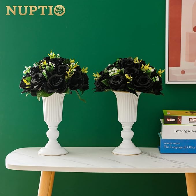 NUPTIO Black Roses Artificial Flowers Pcs of 6 Fake Flower Bouquet Black Hydrangea Flowers Artificial, 15 Heads Fake Roses with Base, Real Looking Black Artificial Flowers (Black)