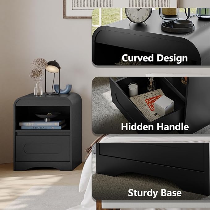 Night Stand Nightstand with Drawer Storage Curved Bed Side Table End Table Large Modern Wide Bedside Stand Tall Night Stands for Bedroom Living Room Sofa Couch Home Office, Black