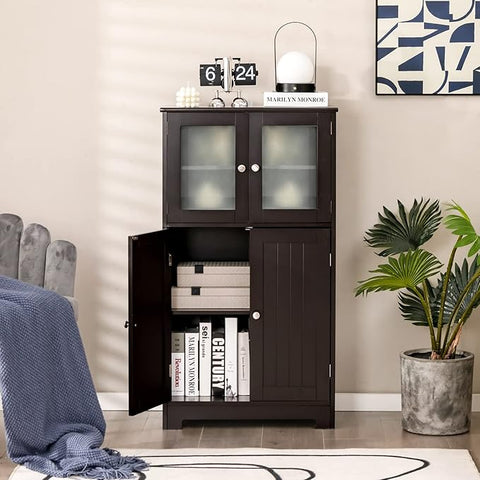 GOFLAME Bathroom Storage Cabinet, Freestanding Storage Cabinet with 4 Doors, Wooden Kitchen Cupboard with Adjustable Shelf, Buffet Sideboard, Multipurpose Home Organizer for Bathroom, Kitchen, Brown