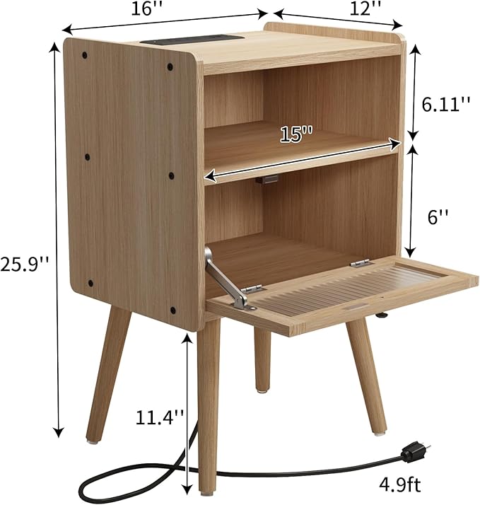 Mid Century Modern Nightstand with Charging Station, Bedside Tables with Glass Door, End Table Side Table with 2 Tiers Storage Space, for Bedroom, Living Room, Natural