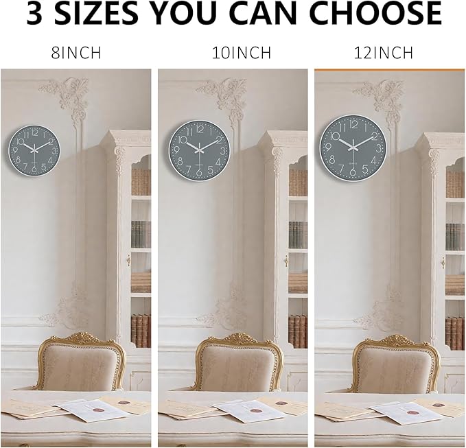 Silent Wall Clocks Battery Operated 8 Inch, Analog Wall Clock with Oversized Number Tempered Glass Clock Face, Quartz Non Ticking Wall Clocks for Living Room Bedroom Kitchen Office, Grey