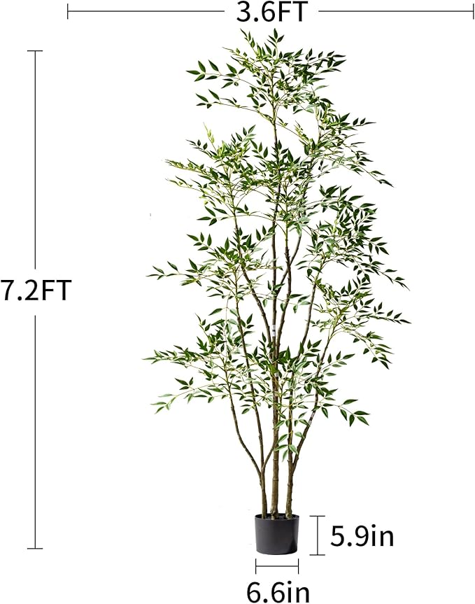 7.2ft Faux Bamboo Tree Artificial Nandina Tree Artificial Indoor Plants Realistic Fake Potted Tree with 800+ Leaves, Cement Planter - Home Office Decor Perfect for Housewarming Gift Non-Toxic