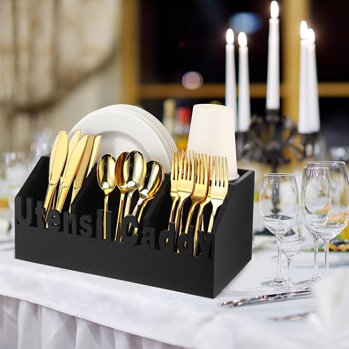 12.6 in Wooden Paper Plate Dispenser Black Utensil Caddy Silverware Napkin and Utensil Holder Rustic Large Silverware Holder for Kitchen Counter