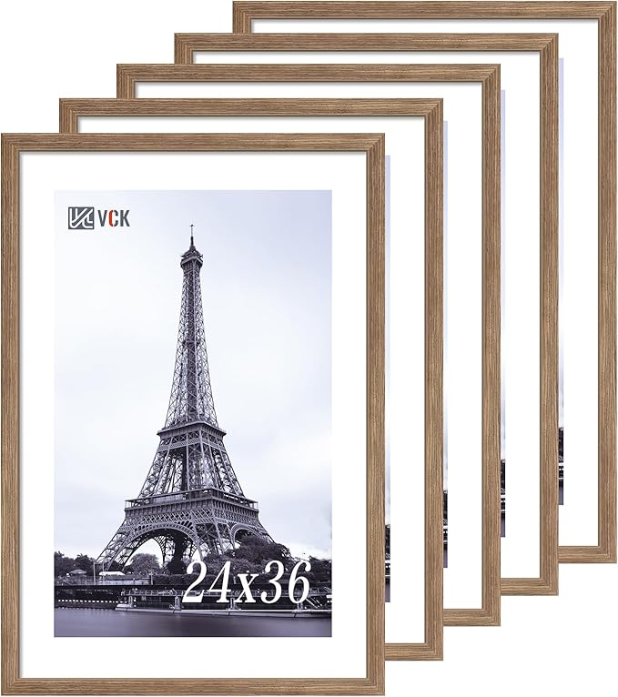 VCK 24x36 Poster Frame 5 Pack - Brown Walnut, Natural Textured Solid Wood Picture Frame, Wall Mounting Hanging