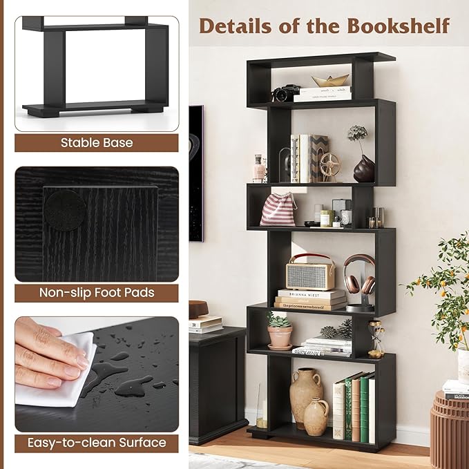 Tangkula 6-Tier S-Shaped Bookshelf, 64" Freestanding Geometric Bookcase, Home Office Wood Storage Shelf with Anti-Toppling Device, Room Divider Display Rack for Study, Living Room (1, Black)